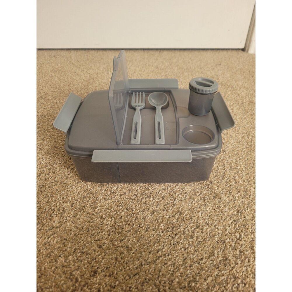 NEW Gray Bento Lunch Box Meal Prep Container Utensils Sauce Cup Dividers